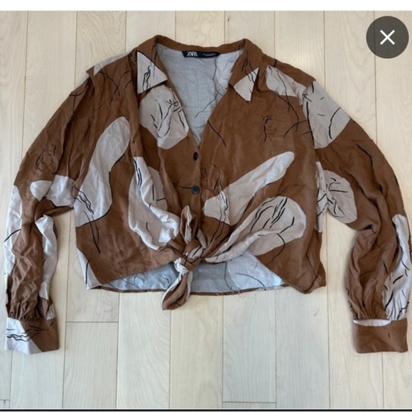 Zara Brown Tie Front Button Down Cropped Shirt - Picture 1 of 3